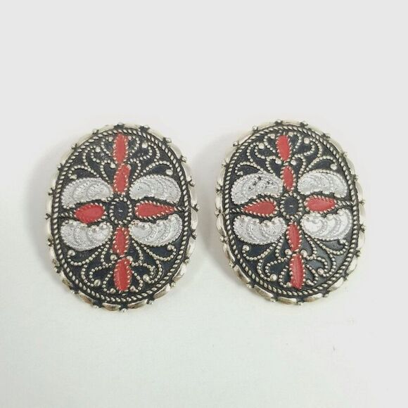 Vintage Black and Red Enamel Oval Clip On Earrings, Made in Western Germany - Picture 2 of 7